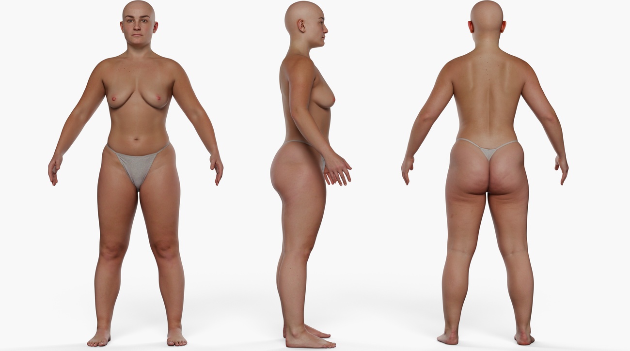 Full body 3D scan of a soft-figured female, retopologised quad mesh with smooth skin texture, front and side views